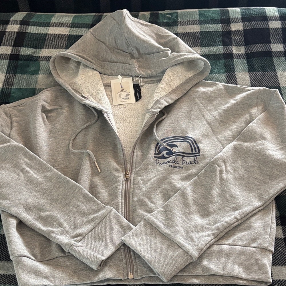 Gray Zip-Up Hoodie with Embroidered Logo Pensacola Beach hoodie